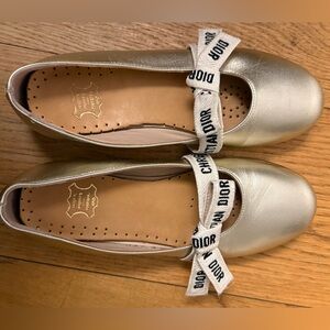 Dior Metallic Gold Flats with ribbon detail